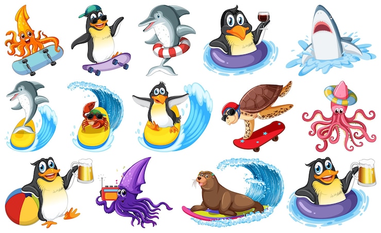 Vetor grátis conjunto de vários personagens de desenhos animados de animais marinhos