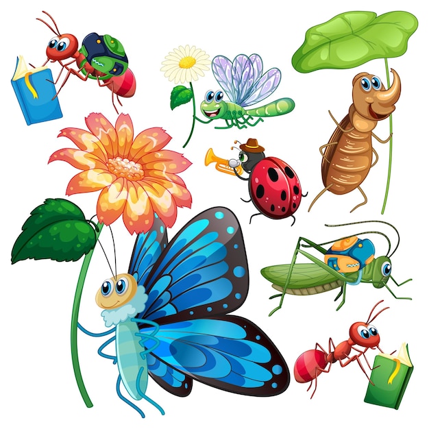 Vetor grátis conjunto de vários personagens de desenhos animados de insetos