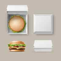 Vetor grátis conjunto de vetor de realista vazio em branco branco embalagem caixa recipiente para marca com hambúrguer classic burger american cheeseburger close-up vista lateral superior isolada no fundo branco. comida rápida