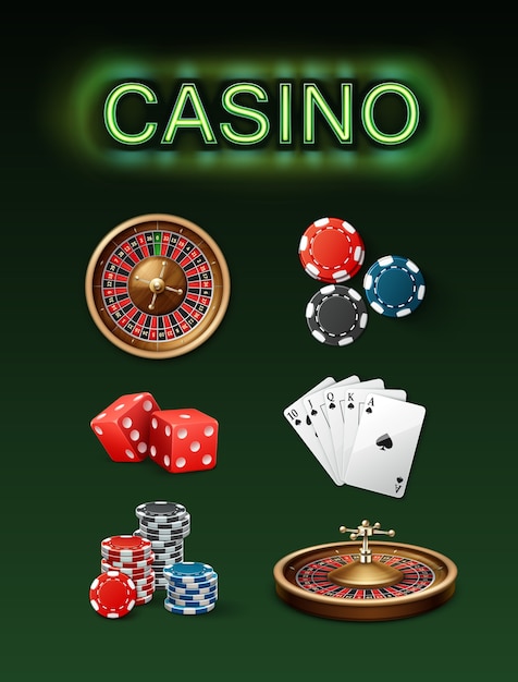 Conjunto de vetores de atributos de jogo de casino, roda de roleta de pôquer, fichas azuis, pretas, dados vermelhos, royal straight flush e vista lateral superior de letreiro de néon isolada sobre fundo verde