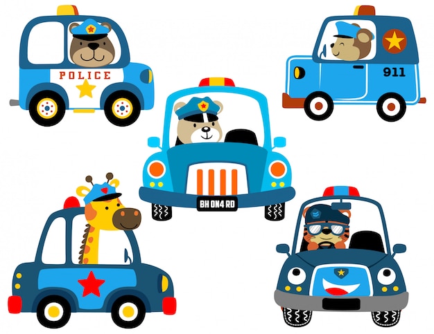 Conjunto de vetores de carros de polícia com policiais engraçados Vetor Premium