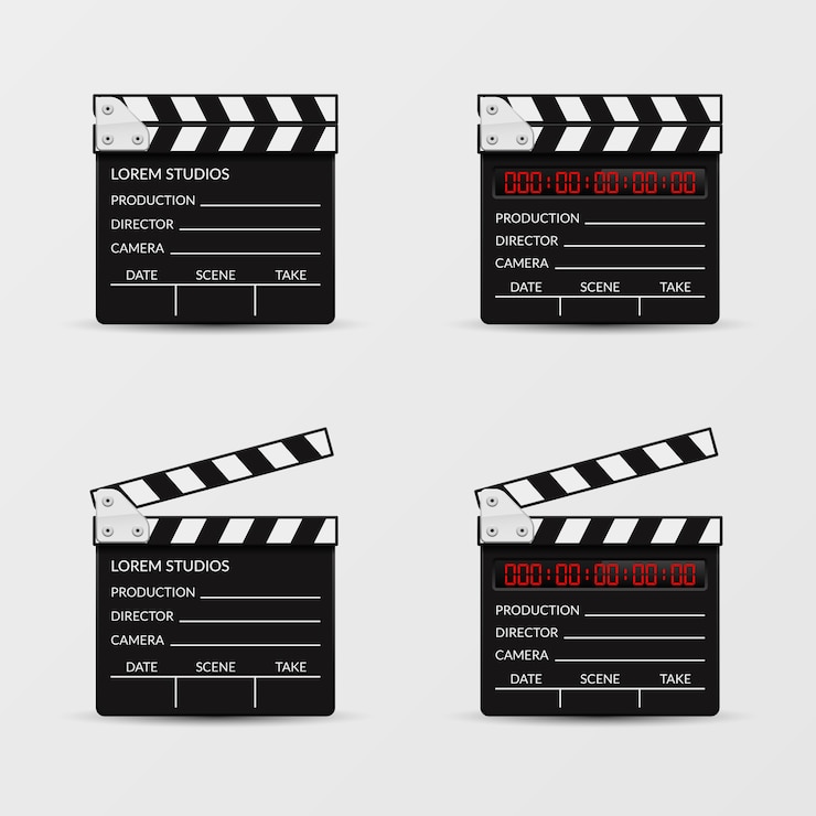 Vetor grátis conjunto de vetores de claquete de filme. filme claquete, ripa de vídeo, claquete, ilustração de cinematografia de filme