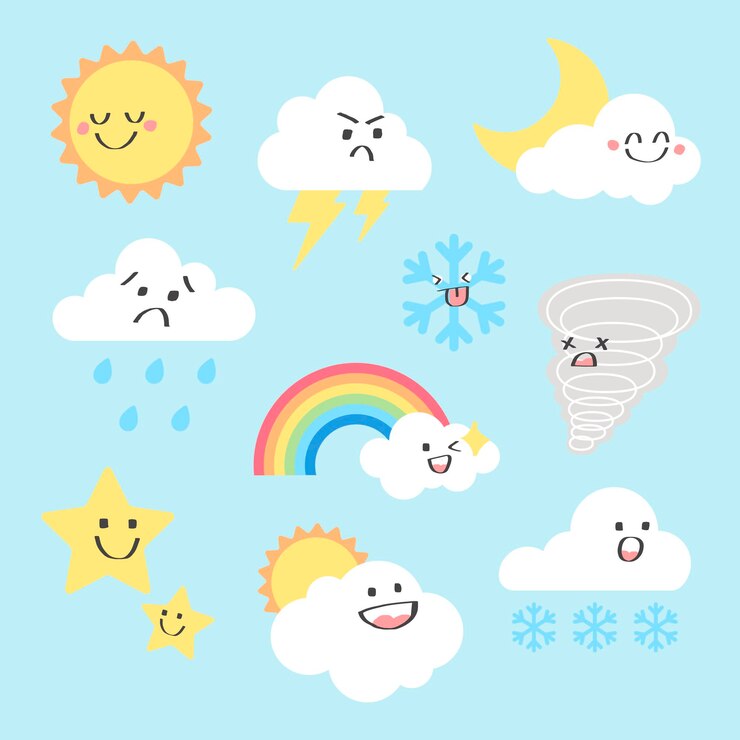 Vetor grátis conjunto de vetores de clipart de elementos meteorológicos, design plano
