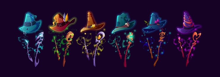 Vetor grátis conjunto de vetores de desenhos animados de varinhas e cajados de chapéus de bruxa