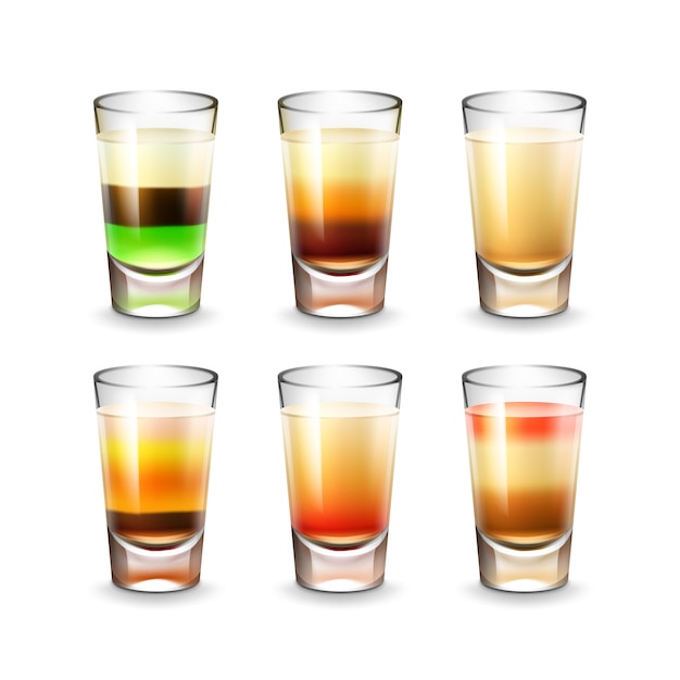 Conjunto de vetores de diferentes doses alcoólicas listradas coloridas, isolado no fundo branco