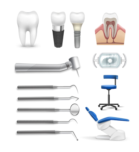 Vetor grátis conjunto de vetores de diferentes ferramentas de objetos odontológicos, cadeira de lâmpada, broca, implante dentário e estrutura isolada no fundo branco