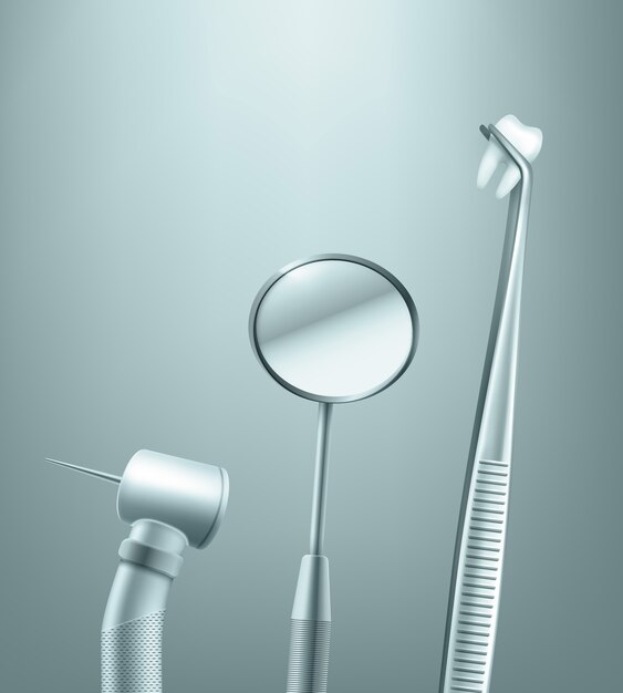 Conjunto de vetores de espelho de ferramentas odontológicas inoxidável, broca e pinça com vista lateral do dente no fundo