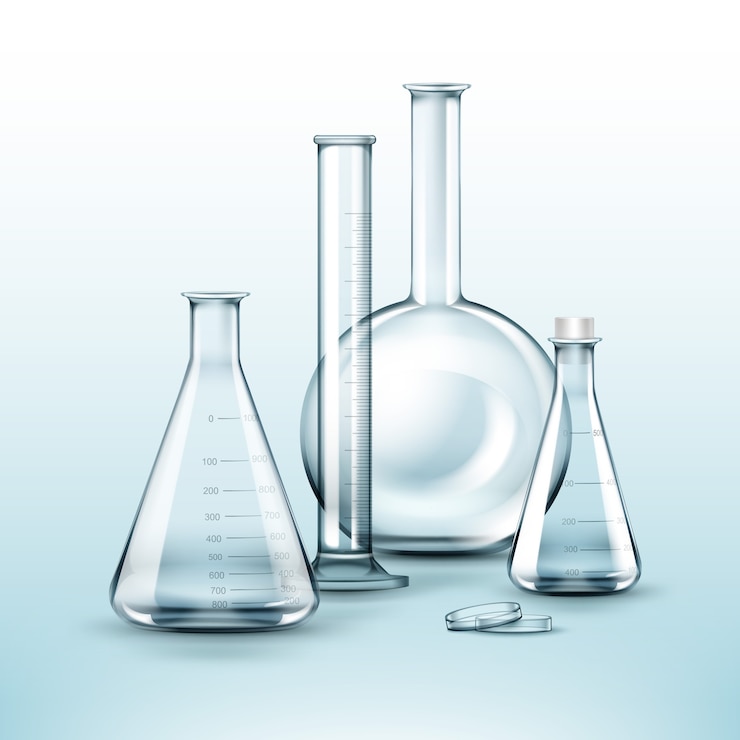 Vetor grátis conjunto de vetores de frascos de laboratório químico de vidro transparente, tubo de ensaio isolado no fundo