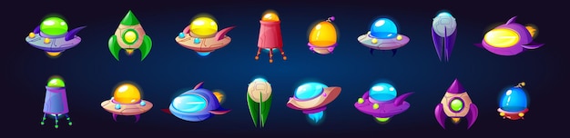 Conjunto de vetores de ícones de jogos de ufo de nave espacial alienígena