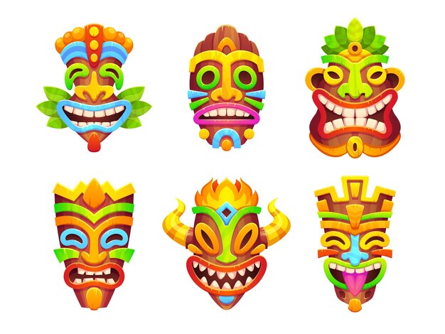 Conjunto de vetores de ícones tribais de totem africano de máscara Tiki