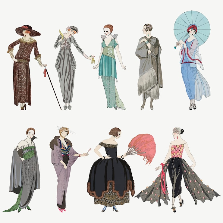 Vetor grátis conjunto de vetores de moda feminina dos anos 1920, remix de obras de arte de george barbier