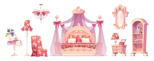 Vetor grátis conjunto de vetores de móveis de quarto de princesa de quarto rosa