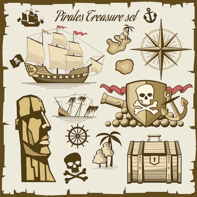 Conjunto de vetores de objetos de pirata. canhão e crânio de símbolo, ilustração de navio do mar