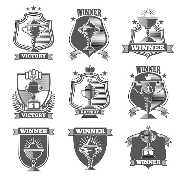 Vetor grátis conjunto de vetores de rótulos, logotipos, emblemas dos campeões da copa do troféu. copo de troféu de emblema, troféu de copo de rótulo, campeão de emblema, ilustração de copo de troféu de vencedor