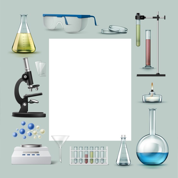Vetor grátis conjunto de vetores de tubos de ensaio de equipamentos de laboratório químico, frascos com líquido colorido, copos, placa de petri, queimador de álcool, microscópio óptico, funil, equilíbrio e lugar para texto isolado no fundo