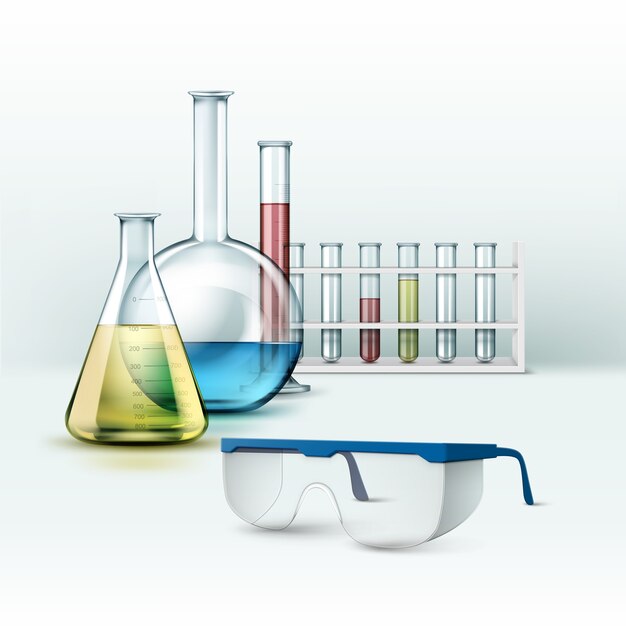 Conjunto de vetores de tubos de ensaio de laboratório químico de vidro transparente, frascos com líquido azul, rosa, amarelo, verde e vidros isolados no fundo
