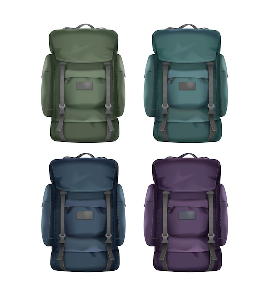 Vetor grátis conjunto de vetores de vista frontal de mochilas de viagem grande verde, azul, violeta e turquesa isolada no fundo branco