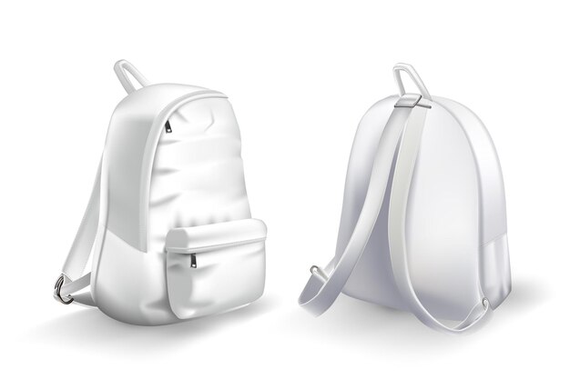 Conjunto de vista frontal e traseira de design de mochila branca Maquete de mochila de faculdade ou escola pacote de juventude realista de tecido para estudo ou esporte com sombras