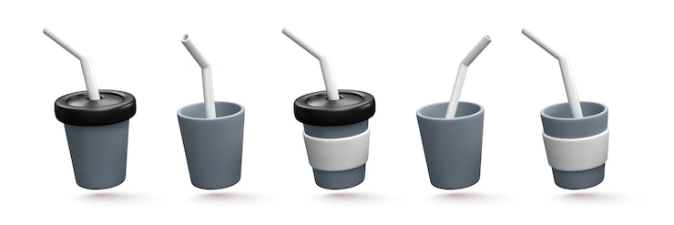 Vetor grátis conjunto de xícaras de café brancas voadoras 3d pretas com sombra isolada no fundo branco ilustração vetorial