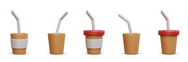 Conjunto de xícaras de café marrom 3d isoladas em ilustração vetorial de fundo branco