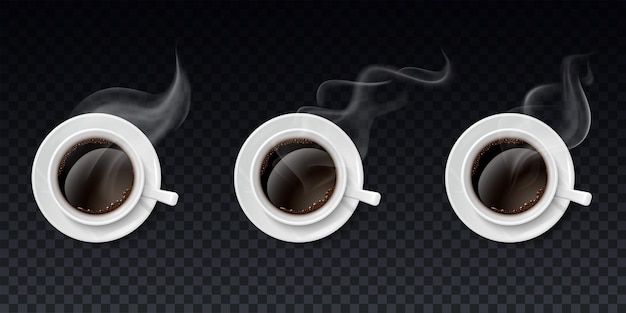 Conjunto de xícaras de café preto com vapor