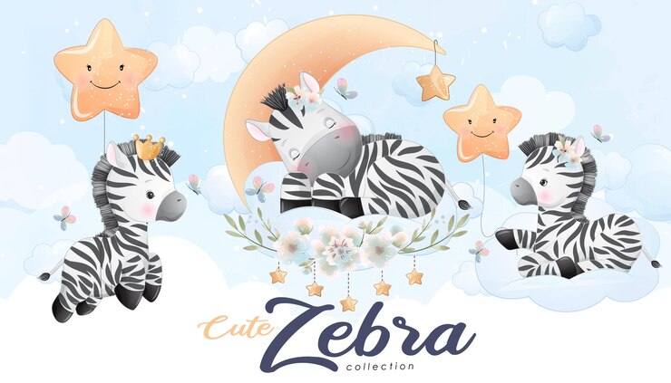Vetor grátis conjunto de zebra pequena fofa com ilustração em aquarela