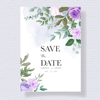 Conjunto elegante de convites de casamento com lindos florais roxos