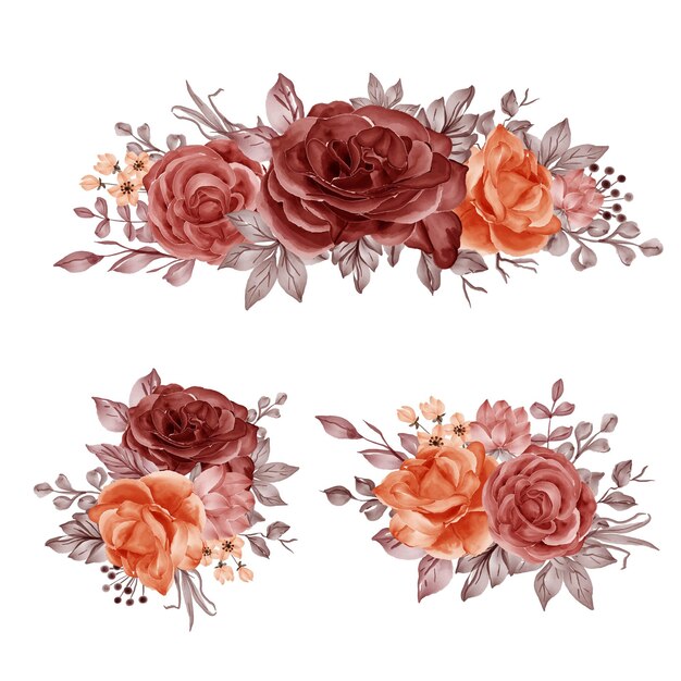 Conjunto em aquarela de arranjo de flores com folhas e rosas no outono