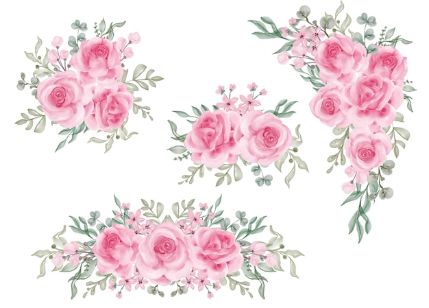 Conjunto em aquarela de arranjo de flores com rosa rosa