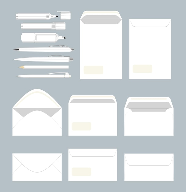 Vetor grátis conjunto estacionário branco envelopes e espaços em branco e documentos papéis de escritório