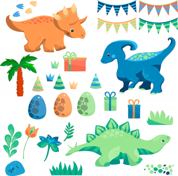 Conjunto festivo com dinossauros conjunto de dinossauros felizes com festa de aniversário