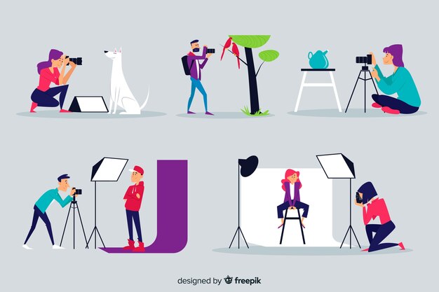 Conjunto ilustrado de fotógrafos trabalhando