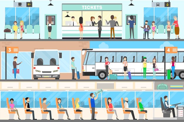 Conjunto interior de ônibus Assento no ponto de ônibus e compra de passagens