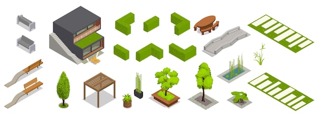 Conjunto isométrico de design de paisagem com ícones isolados de plantas e móveis de jardim com ilustração vetorial de ponte e edifícios