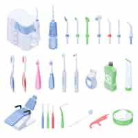 Vetor grátis conjunto isométrico de higiene dental de escovas de dentes elétricas e usuais de fio dental e bicos para ilustração vetorial isolada do irrigador