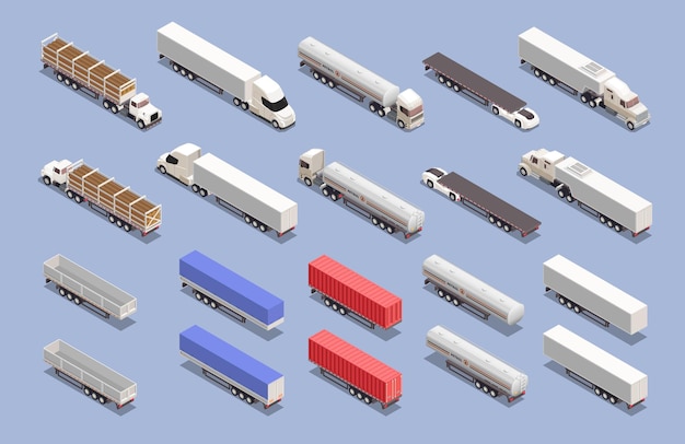 Vetor grátis conjunto isométrico de ícones coloridos com caminhões de transporte de carga e reboques isolados em ilustração vetorial 3d de fundo azul