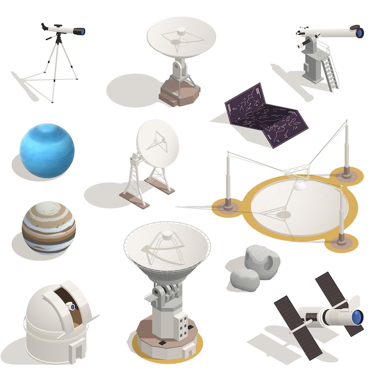 Vetor grátis conjunto isométrico de ícones com objetos de astronomia e telescópios isolados na ilustração vetorial 3d de fundo branco