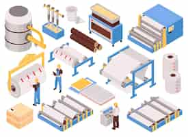 Vetor grátis conjunto isométrico de máquinas de processo automatizado de fabricação de papel com folha de secagem de prensagem de polpação formando ilustração vetorial isolada de embalagem