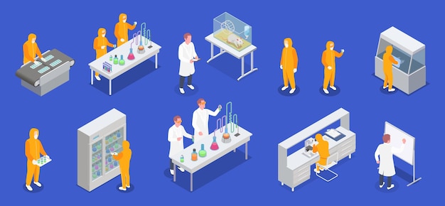 Vetor grátis conjunto isométrico de produção farmacêutica de ícones de equipamentos de laboratório e personagens humanos de cientistas em trajes de risco biológico ilustração vetorial