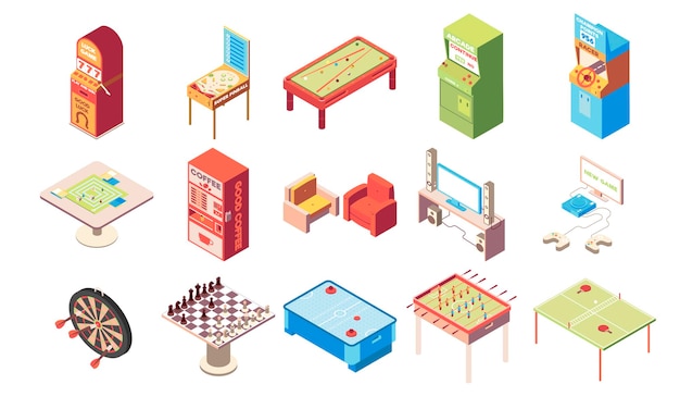 Conjunto isométrico de sala de recreação com ilustração vetorial isolada de xadrez e tênis de mesa