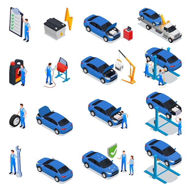 Conjunto isométrico de serviço de carro de trabalhadores que fornecem serviço de pneu de reparo de manutenção de inspeção em ilustração vetorial isolada de oficina