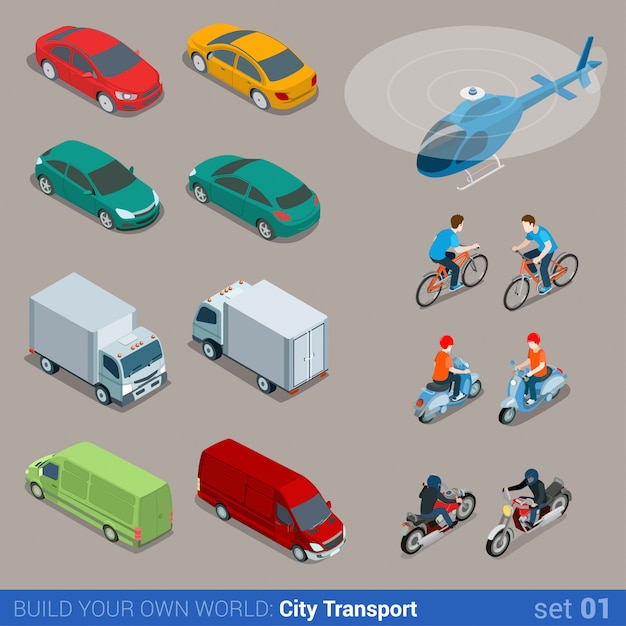 Conjunto isométrico de transporte cidade isométrica plana