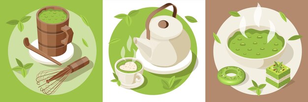 Conjunto isométrico matcha com três composições quadradas de bebidas quentes servidas e produtos de confeitaria com ilustração vetorial matcha