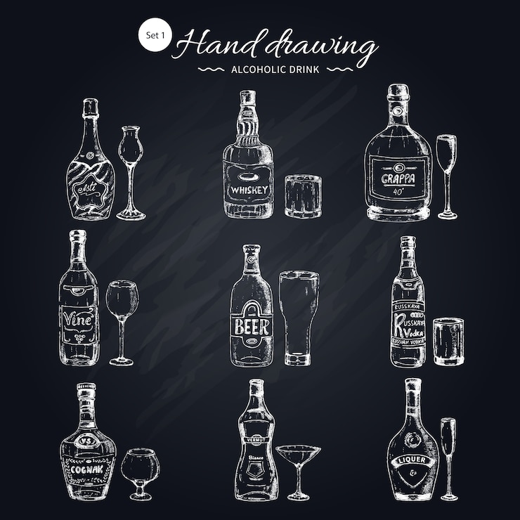 Vetor grátis conjunto monocromático de bebidas alcoólicas