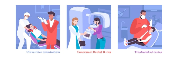 Conjunto odontológico de dentistas planos de personagens humanos com ilustração de pacientes