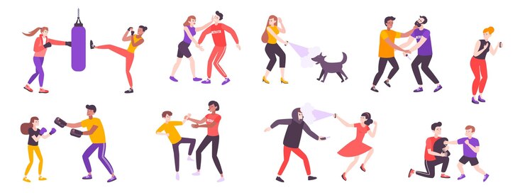 Vetor grátis conjunto plano de autodefesa de personagens humanos de rabiscos isolados lutando com várias ameaças em ilustração vetorial de fundo em branco
