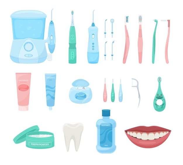 Conjunto plano de higiene dental de ícones isolados com ferramentas de dentistas de produtos de higiene bucal e ilustração vetorial de boca sorridente