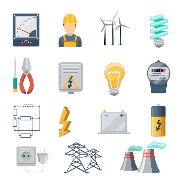 Conjunto plano de ícones da indústria de eletricidade e energia. transformador e tomada, plugue e capacidade, símbolo de energia,