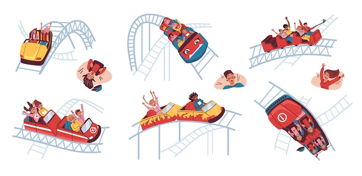 Vetor grátis conjunto plano de montanha-russa de ícones isolados com pessoas de estilo doodle andando de carros festivos em ilustração vetorial de trilhos