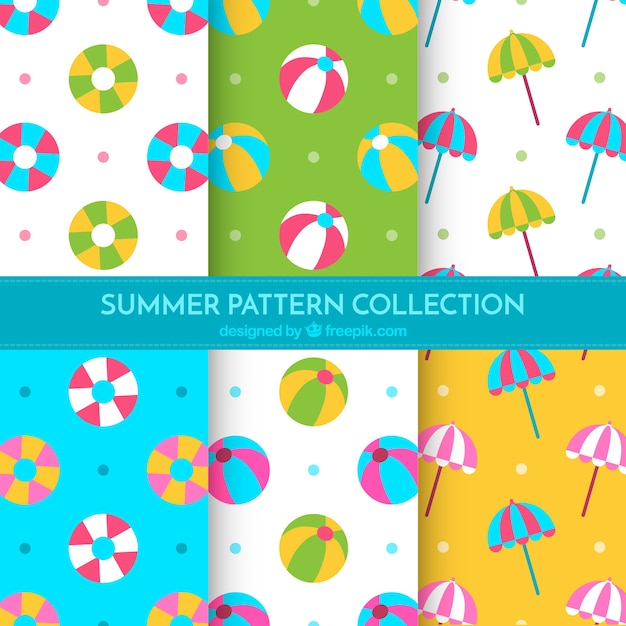 Conjunto plano de padrões de verão com itens decorativos